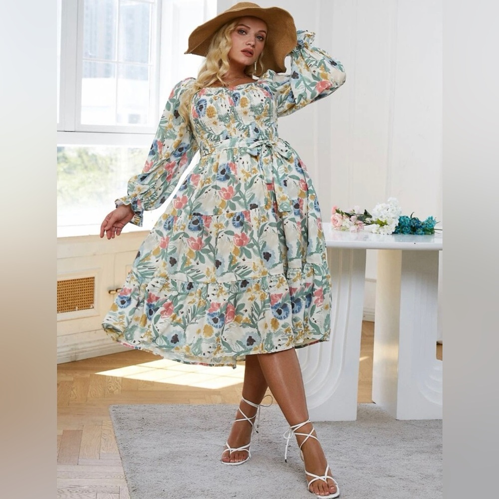 1X Plus Size Floral Bohoemian Dress with Tie